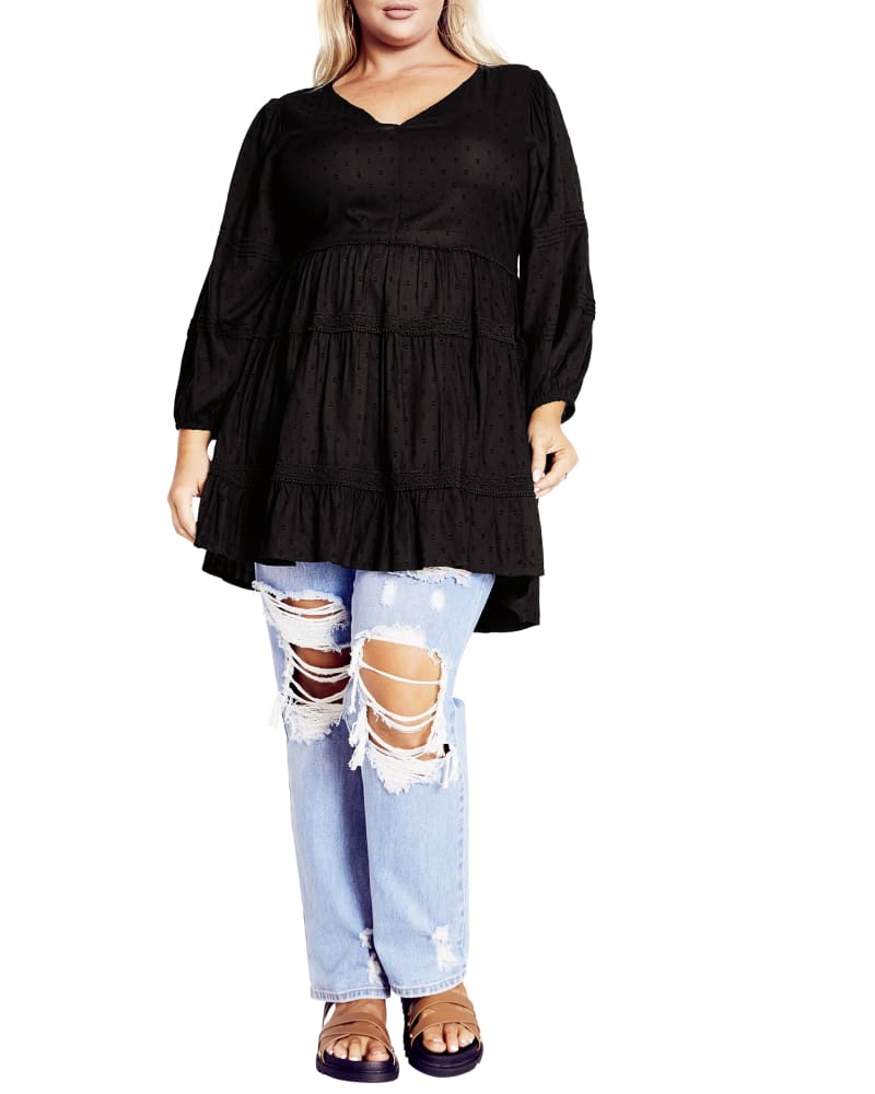 Front of a model wearing a size 16 TUNIC DRESS ARIELLE LACE in Black by Aveology. | dia_product_style_image_id:297746